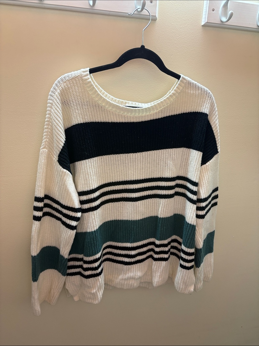 Striped Crewneck Sweater in White, Black & Teal
